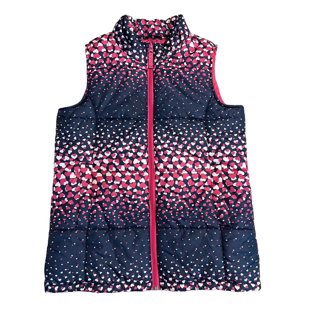 Lands' End Puffer Vest Girls M 10-12 Navy Pink Hearts Preowned Quilted Outerwear